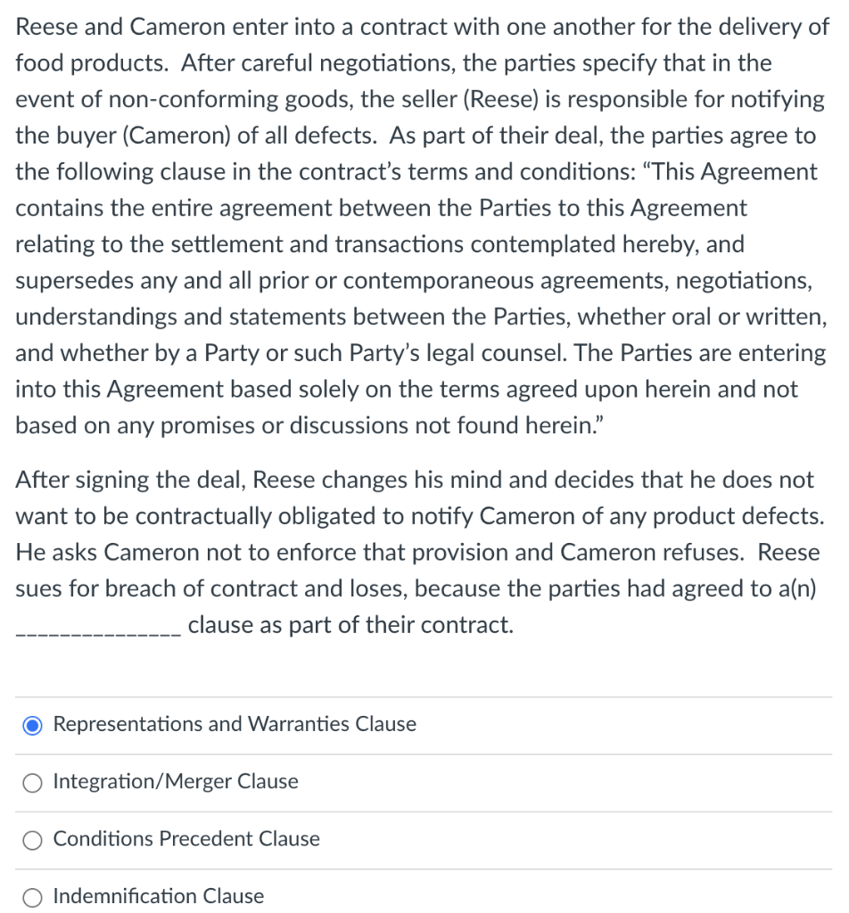 Reese and Cameron enter into a contract with one