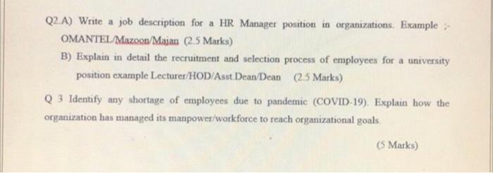 Q2.A) Write a job description for a HR Manager