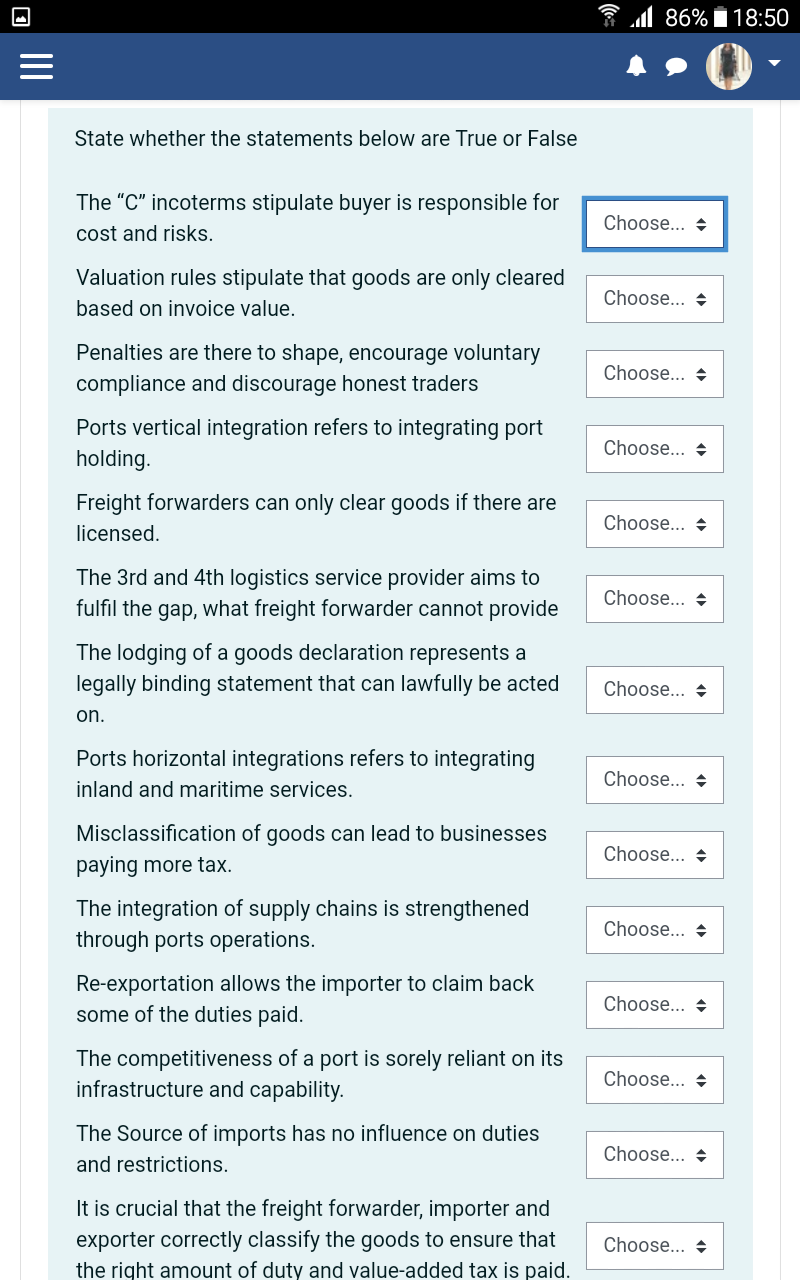86% 18:50 III State whether the statements below