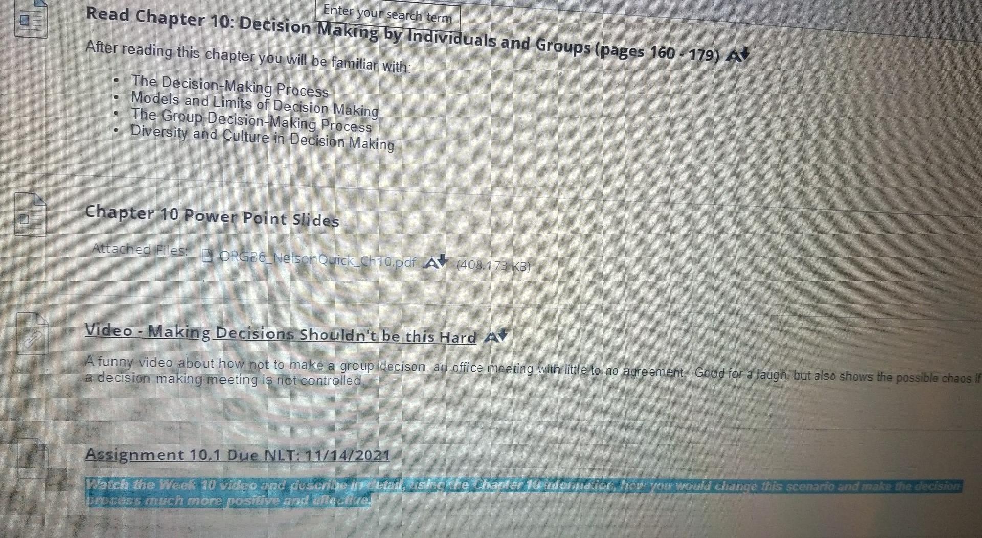 Read Chapter 10: Decision Making by Individuals