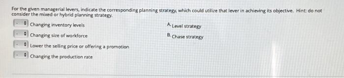 A Level strategy For the given managerial levers,