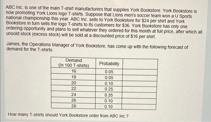 ABC Inc. is one of the main T-shirt manufacturers