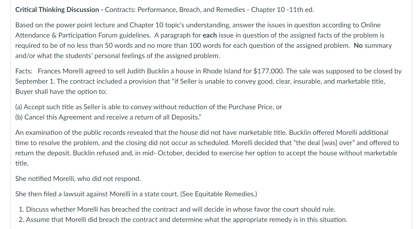 BUSINESS LAW Critical Thinking Discussion -