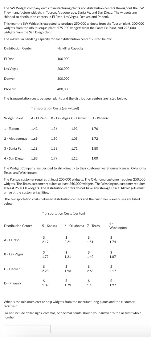 The SW Widget company owns manufacturing plants