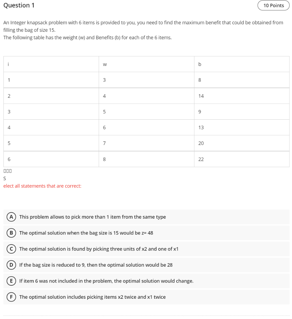Question 1 10 Points An Integer knapsack problem