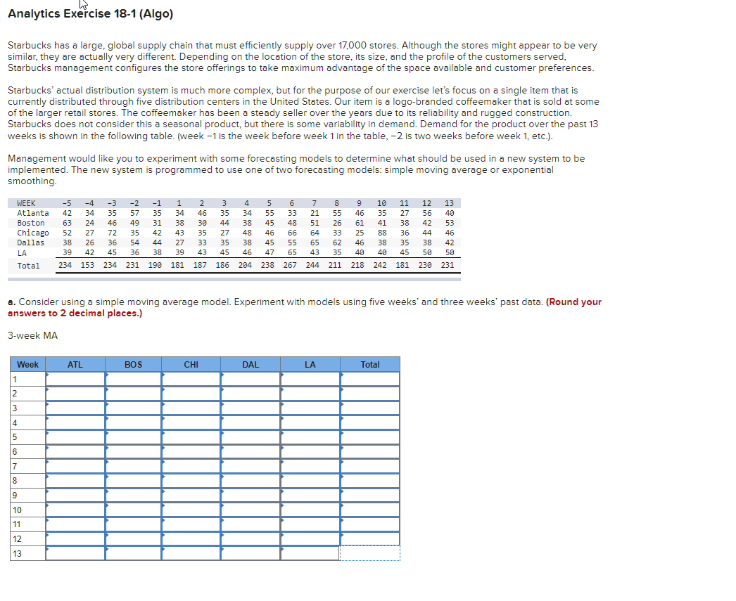 Analytics Exercise 18-1 (Algo) Starbucks has a