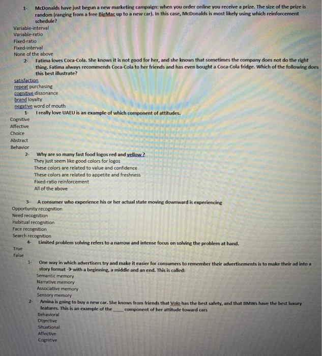 Please help CONSUMER BEHAVIOR: 1- a a McDonalds