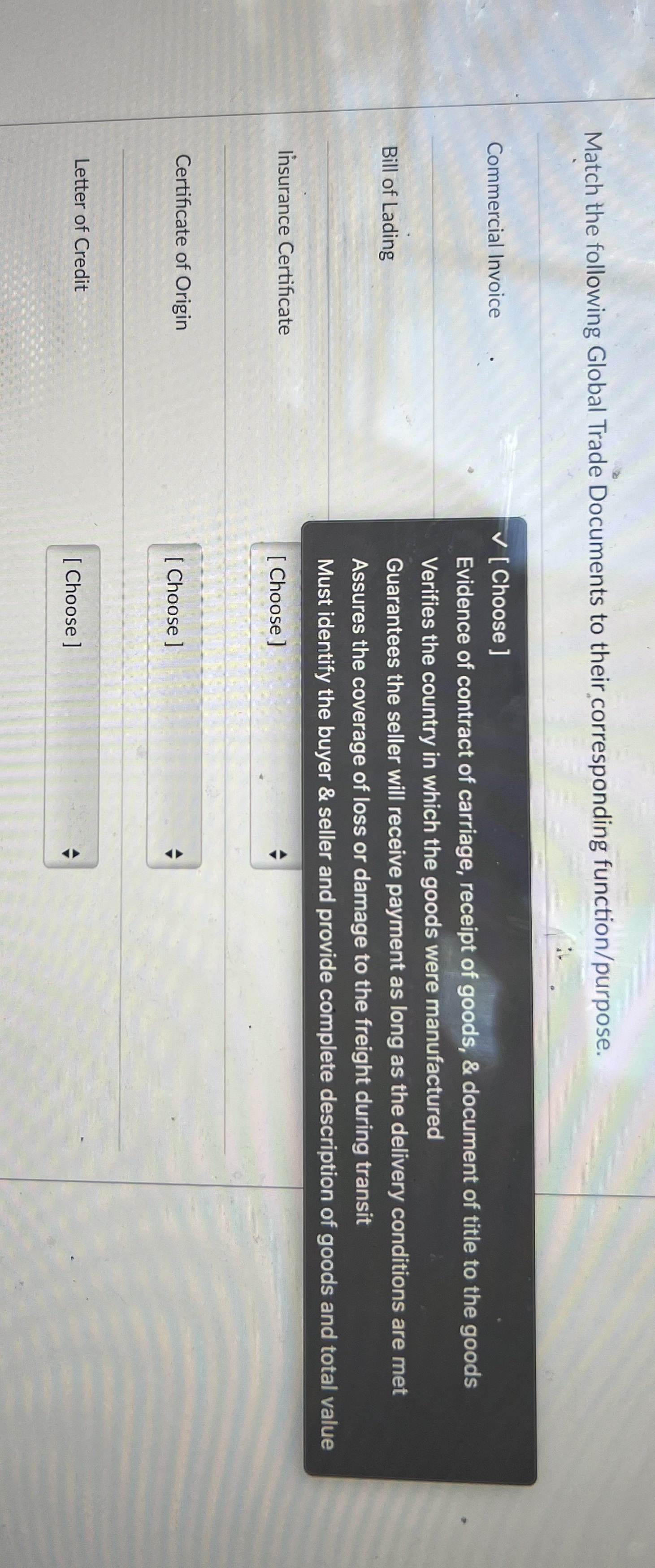 Match the following Global Trade Documents to