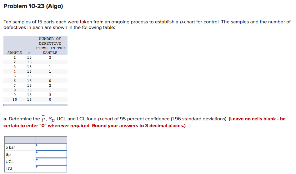 Problem 10-23 (Algo) Ten samples of 15 parts each