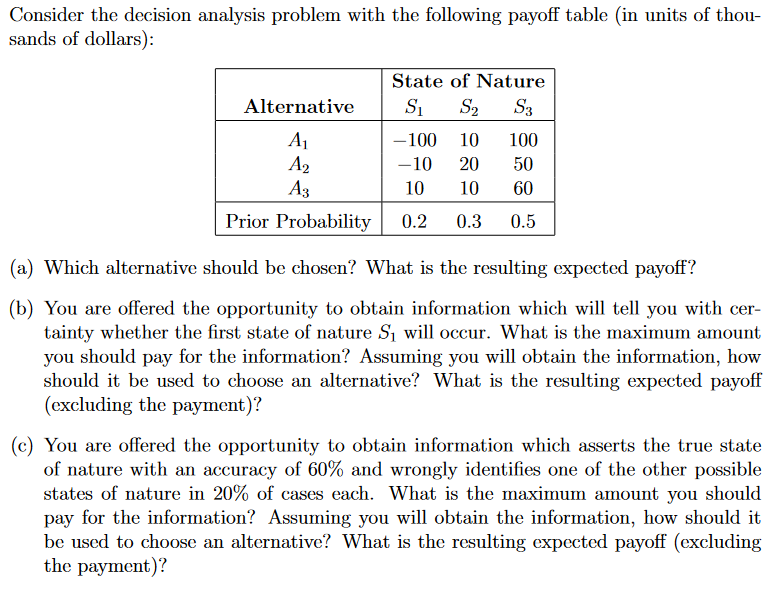 Consider the decision analysis problem with the
