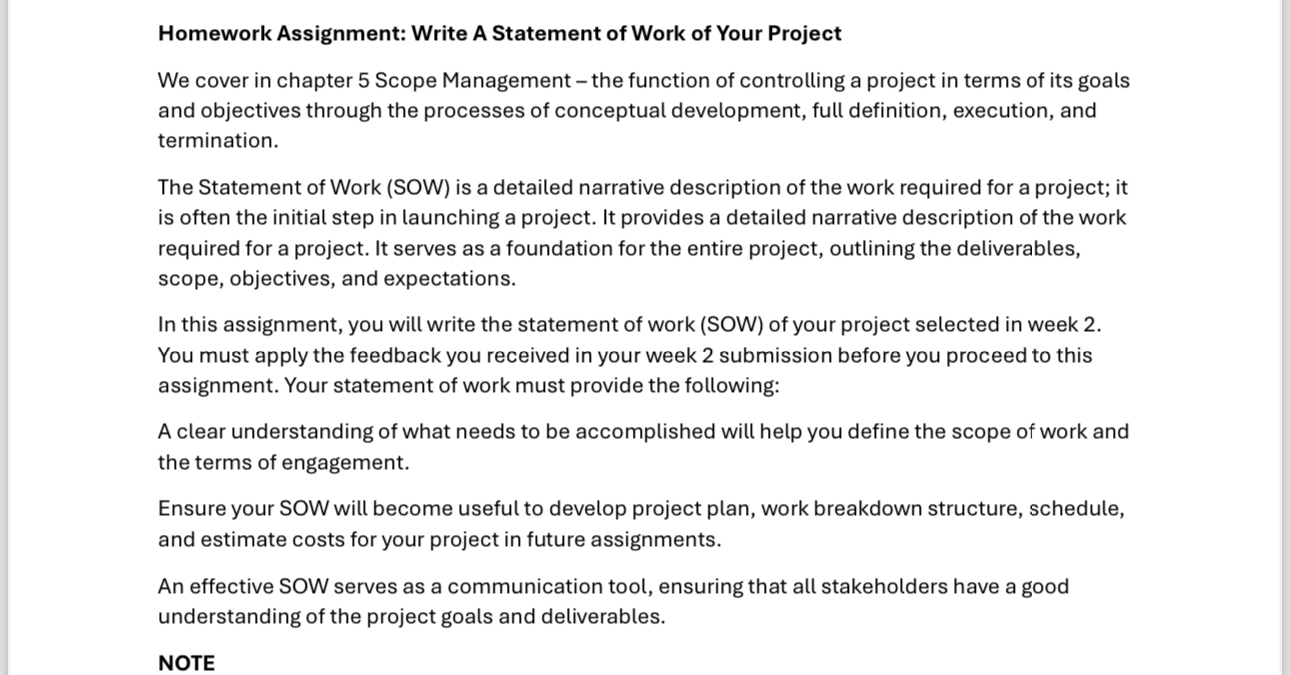 Homework Assignment: Write A Statement of Work of