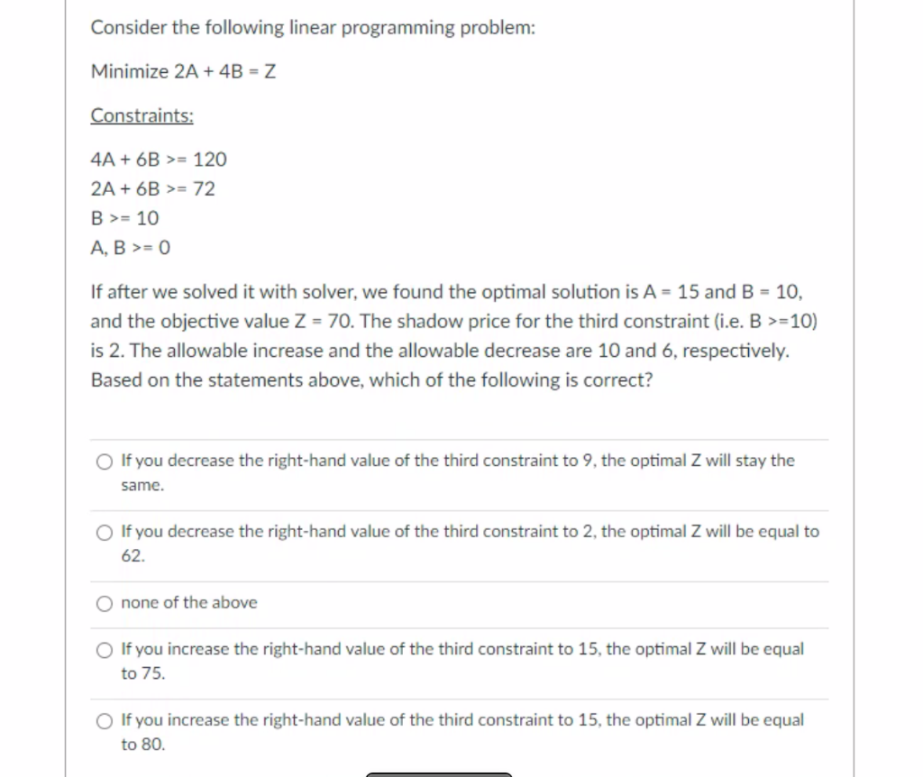 Consider the following linear programming