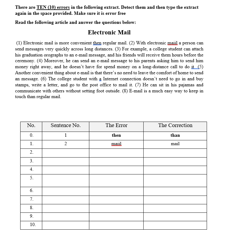 There are TEN (10) errors in the following