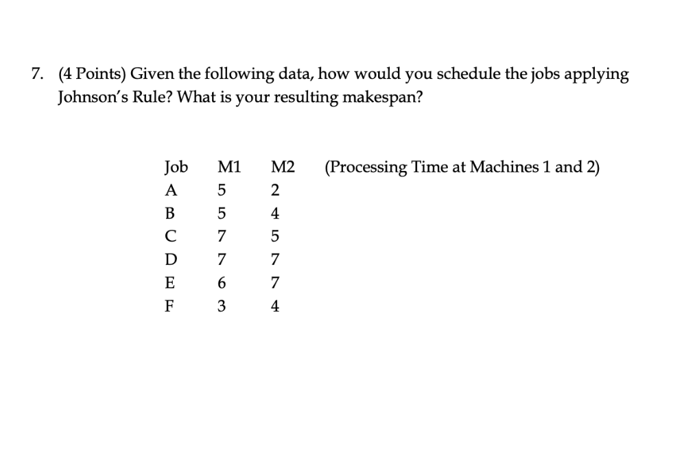 7 . ( 4 Points ) Given the following data, how