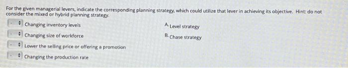 For the given managerial levers, indicate the