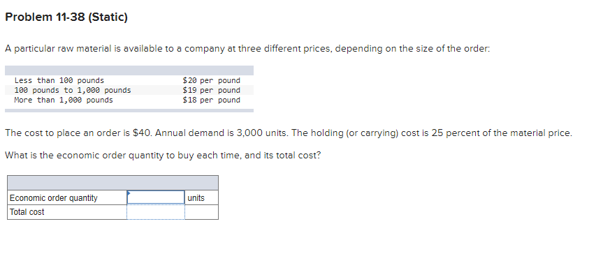 Problem 11-38 (Static) A particular raw material