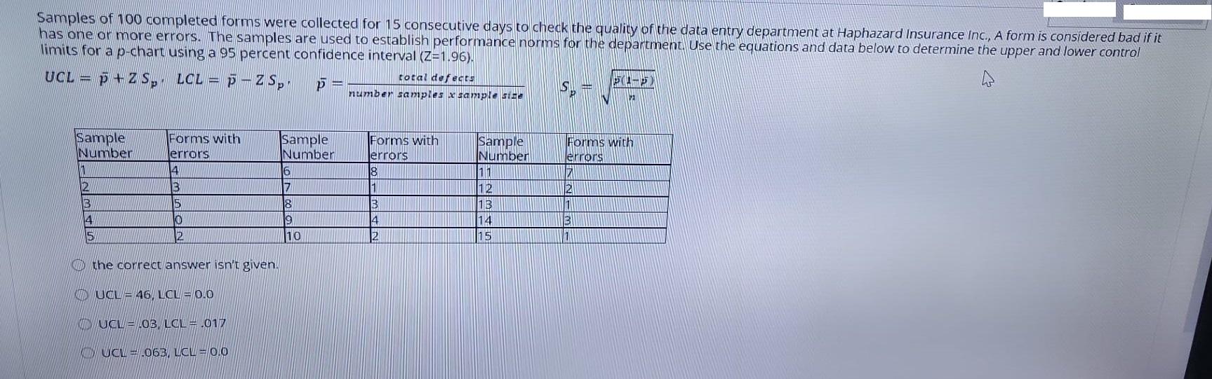 Samples of 100 completed forms were collected for
