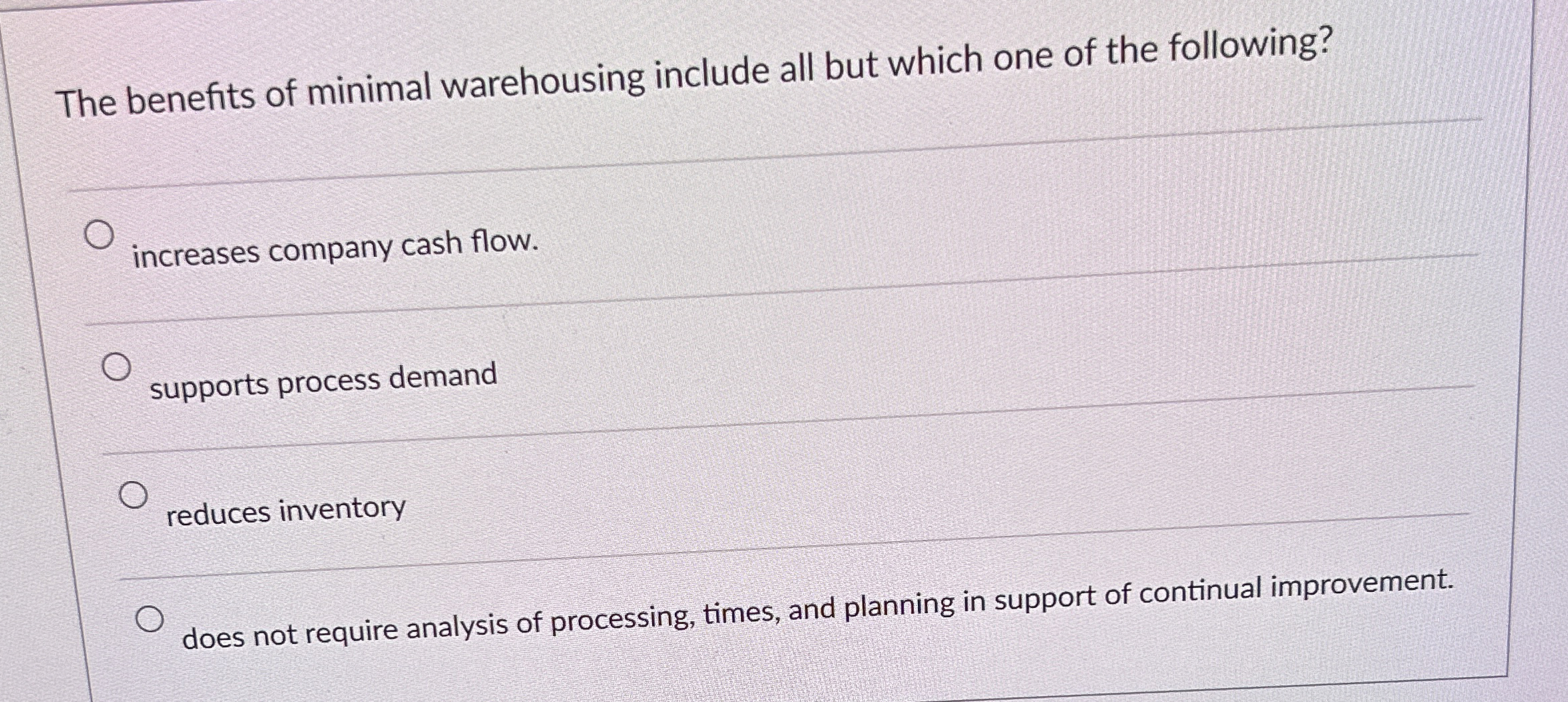 The benefits of minimal warehousing include all