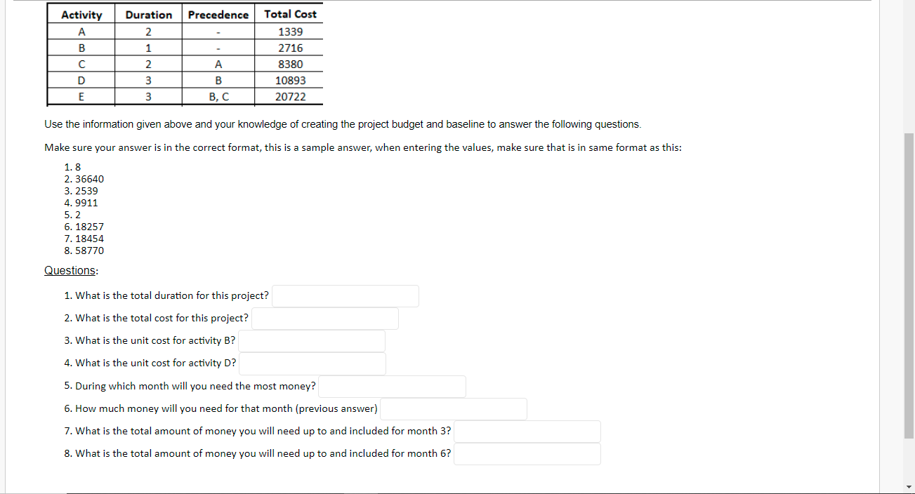 Duration Precedence Total Cost Activity A B 1339