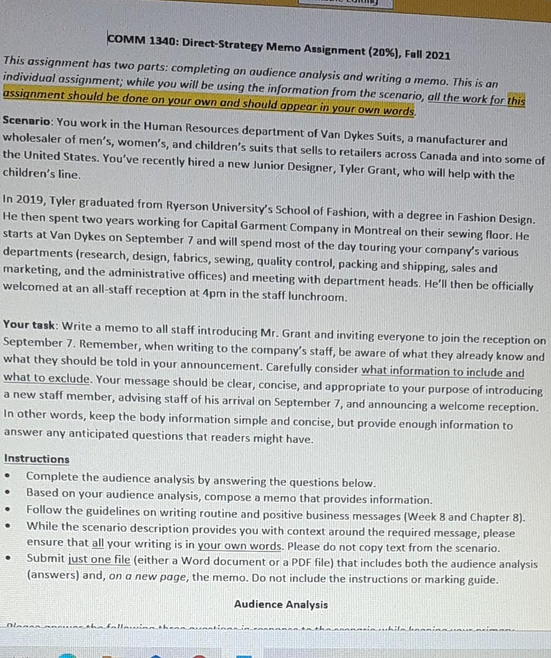 COMM 1340: Direct-Strategy Memo Assignment (20%),