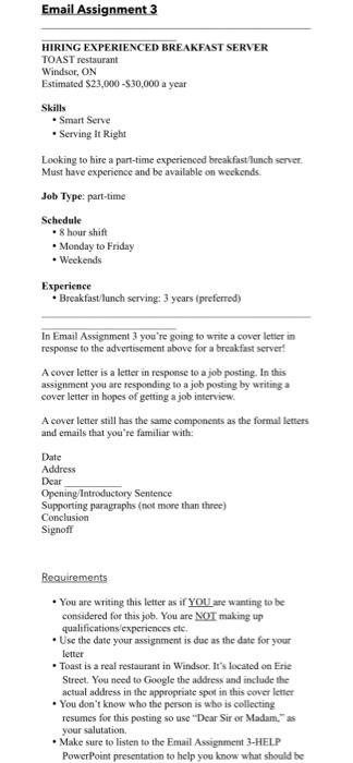 Email Assignment 3 HIRING EXPERIENCED BREAKFAST