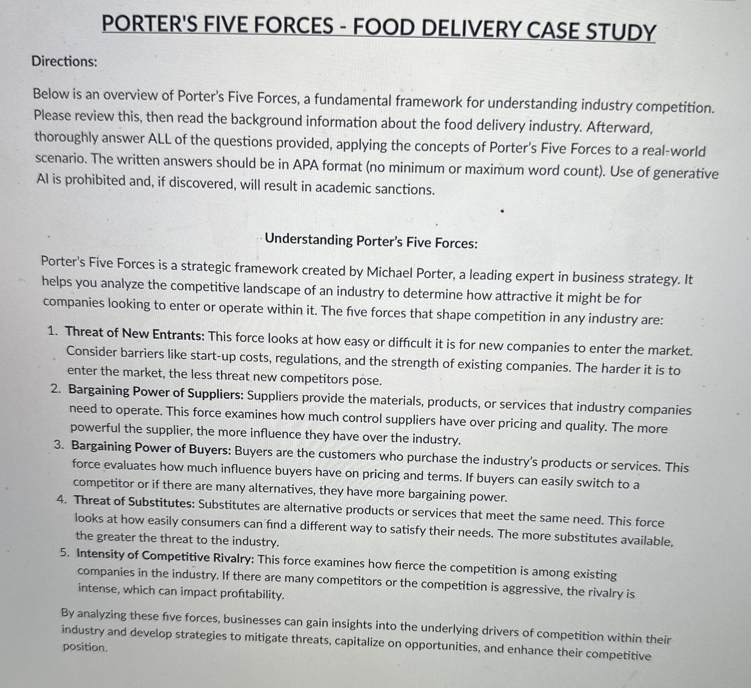 PORTER'S FIVE FORCES - FOOD DELIVERY CASE STUDY