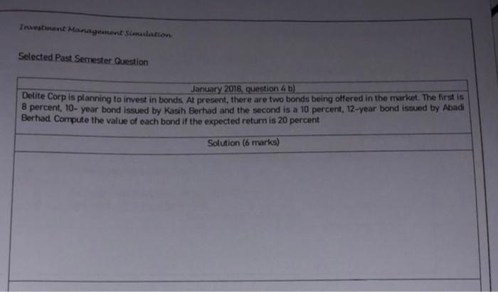 Investment Management Simulation Selected Past