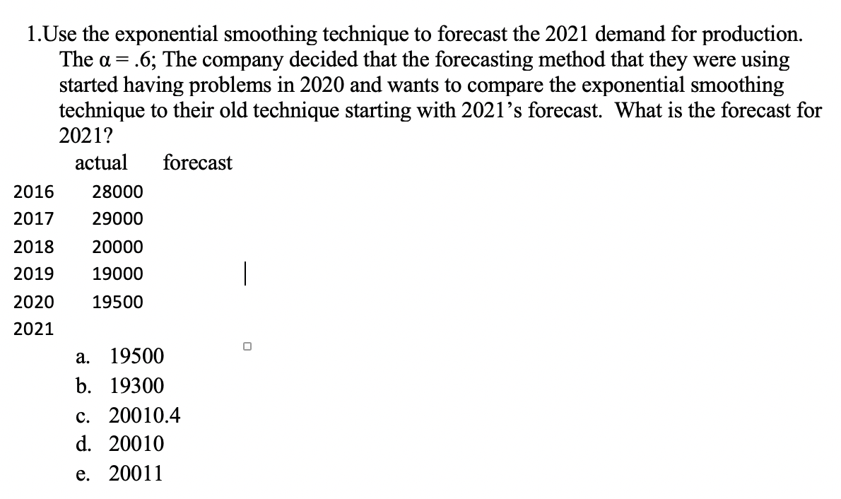 The a= 1. Use the exponential smoothing technique