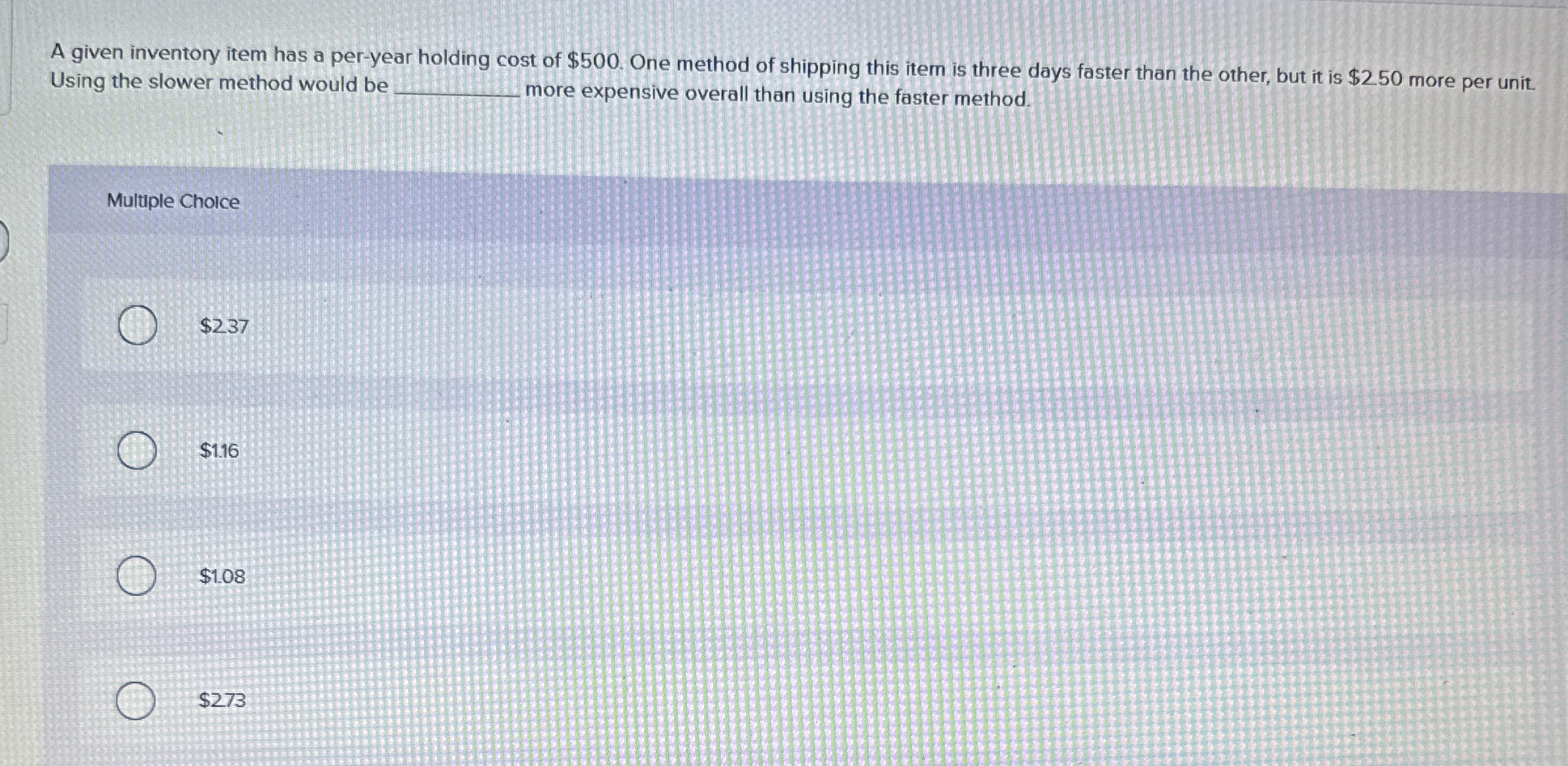 A given inventory item has a per - year holding