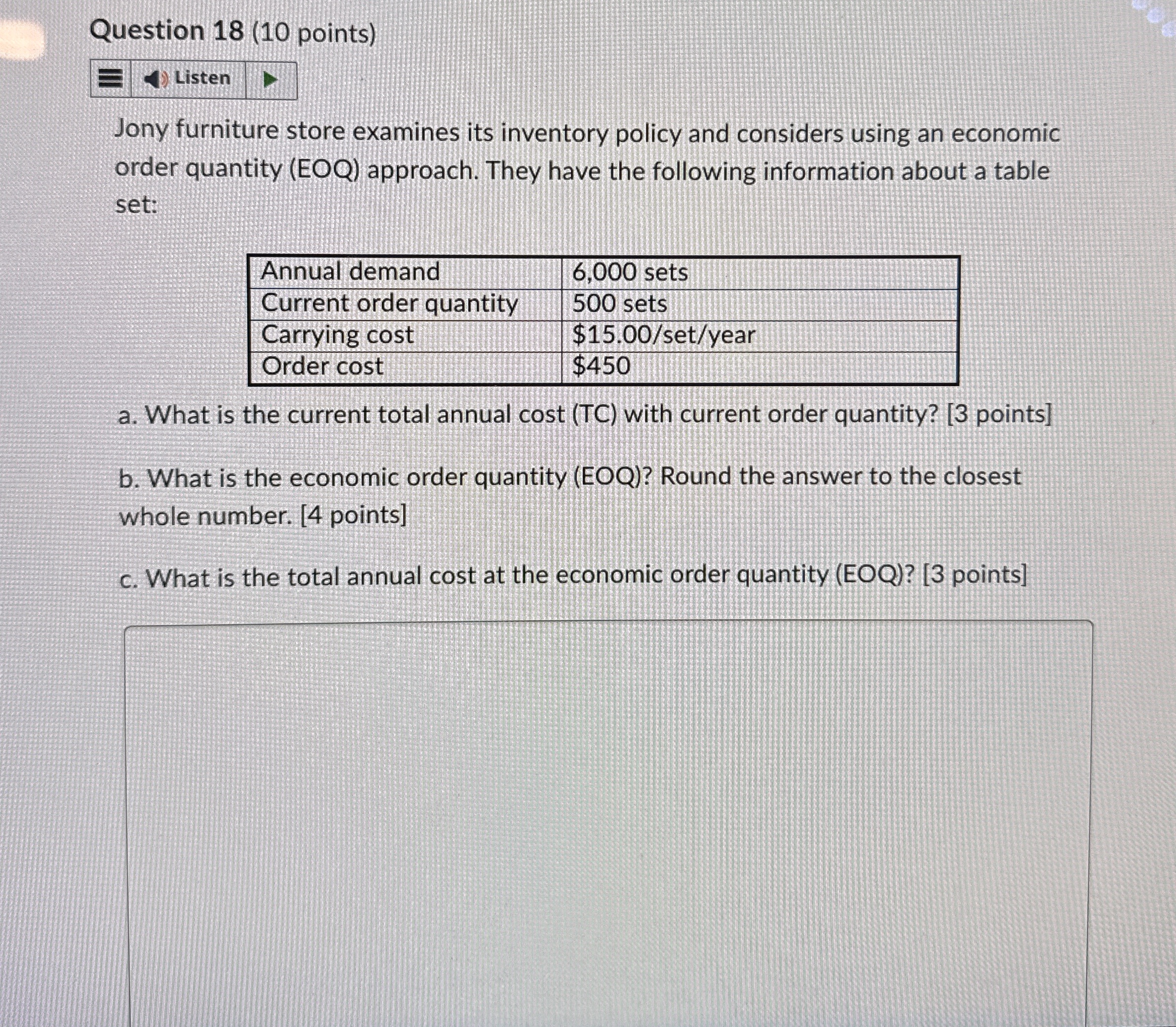 Question 1 8 ( 1 0 points ) Listen Jony furniture