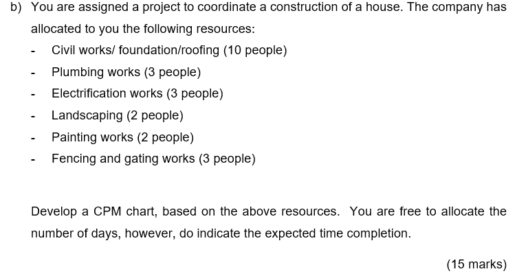 b) You are assigned a project to coordinate a