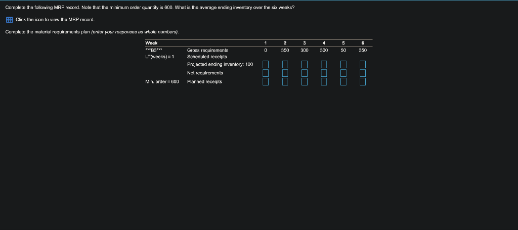 Complete the following MRP record. Note that the