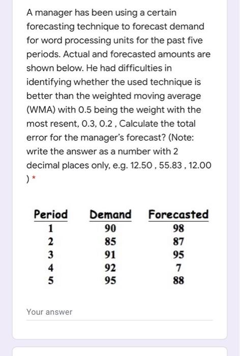 A manager has been using a certain forecasting