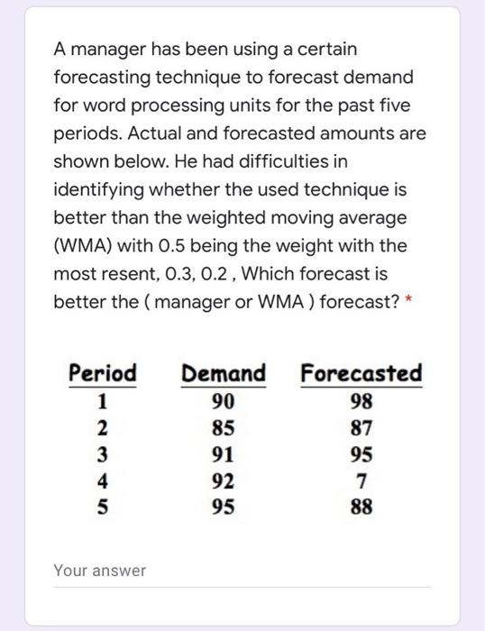A manager has been using a certain forecasting