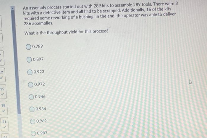 An assembly process started out with 289 kits to