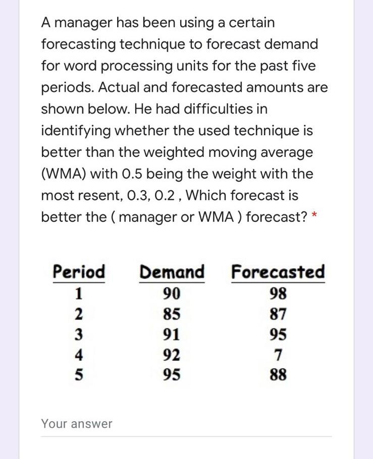 A manager has been using a certain forecasting