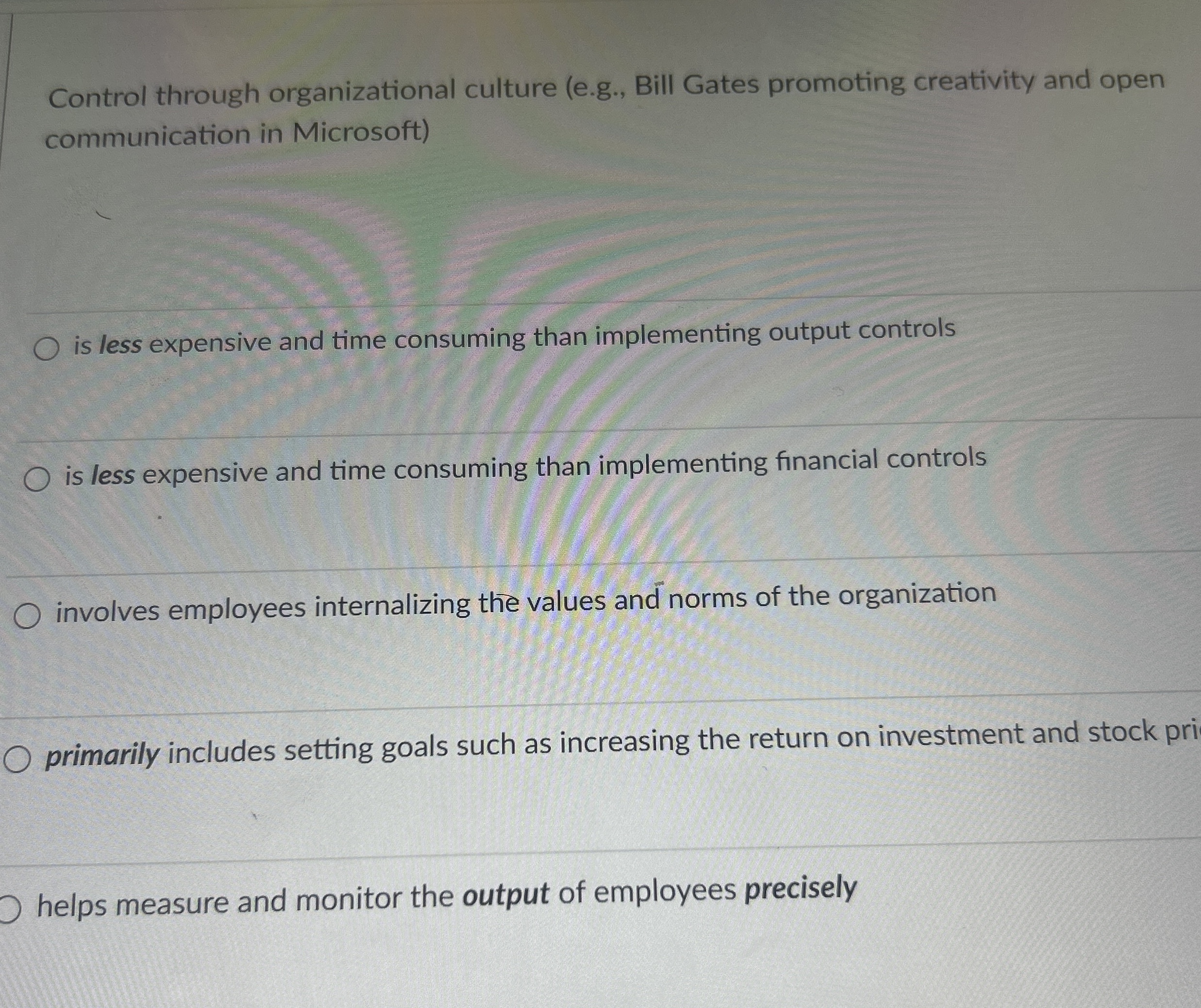 Control through organizational culture ( e . g .