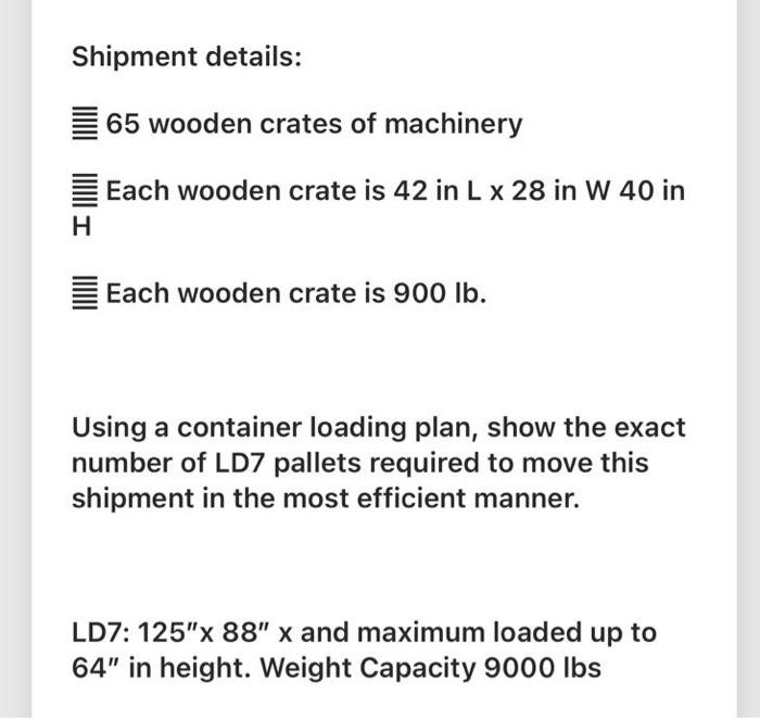 Shipment details: 65 wooden crates of machinery