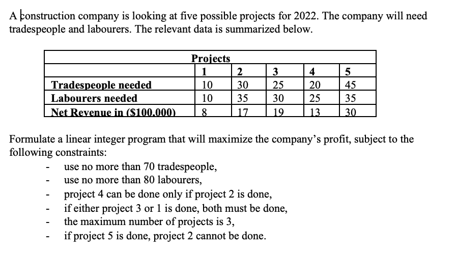 A bonstruction company is looking at five