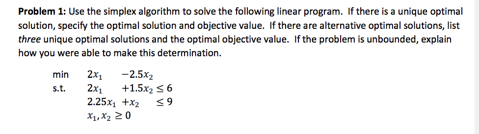 Problem 1: Use the simplex algorithm to solve the