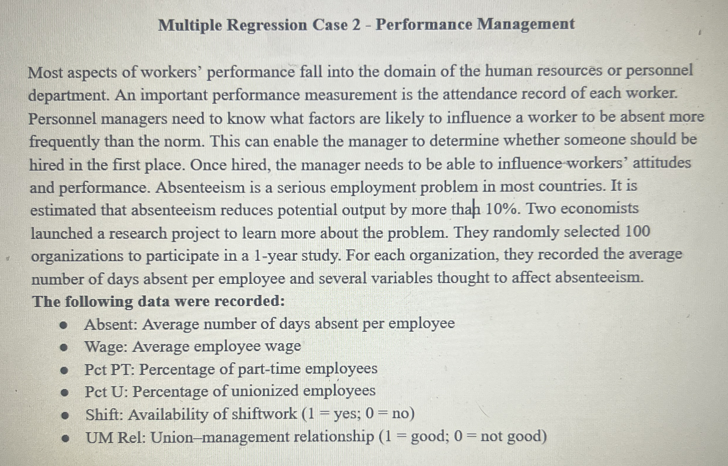 Multiple Regression Case 2 - Performance