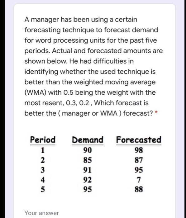 A manager has been using a certain forecasting
