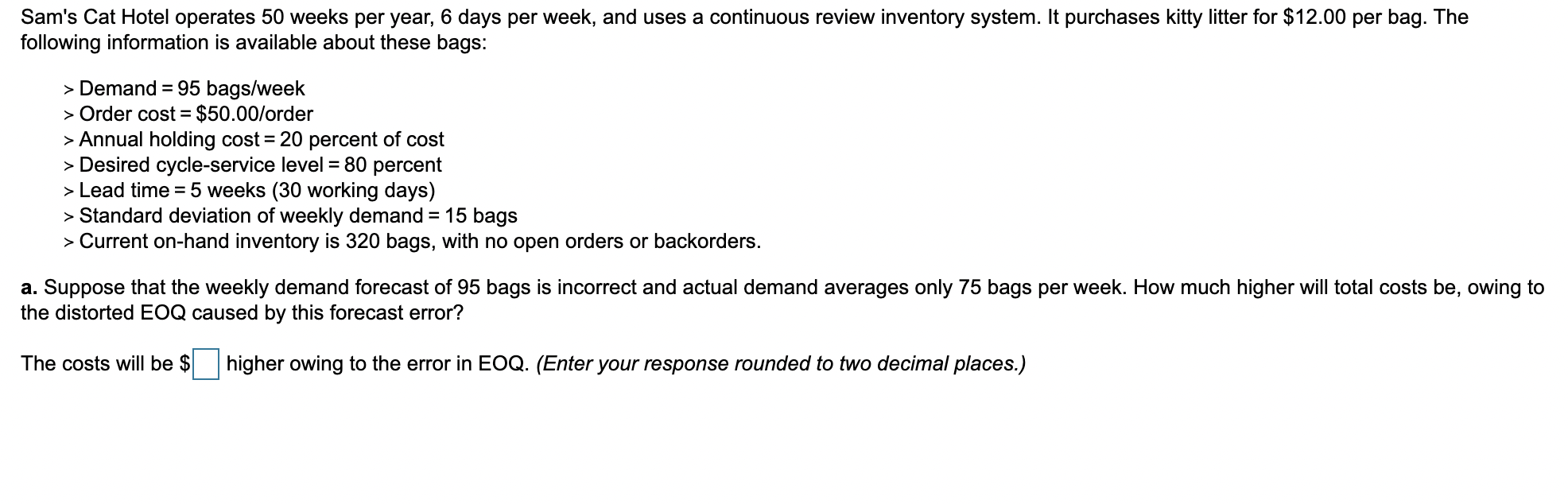 answer is not 119.03 Sam's Cat Hotel operates 50