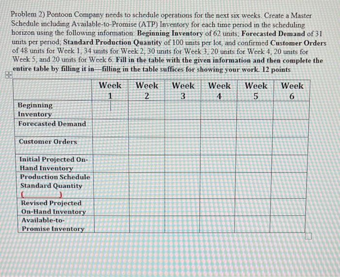 Please fill out the chart Problem 2) Pontoon