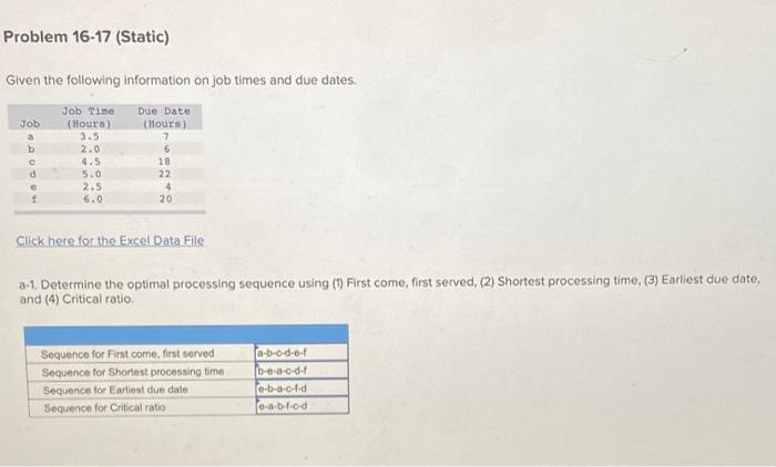 Problem 16-17 (Static) Given the following