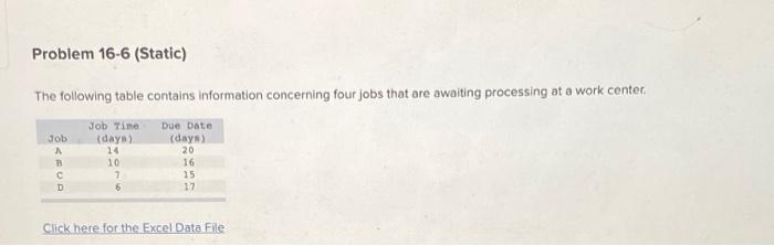 Problem 16-6 (Static) The following table