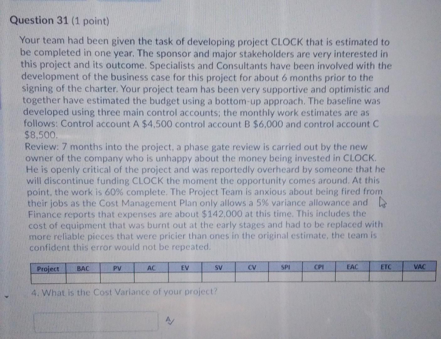 Question 31 (1 point) Your team had been given