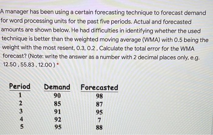 not by excel please A manager has been using a