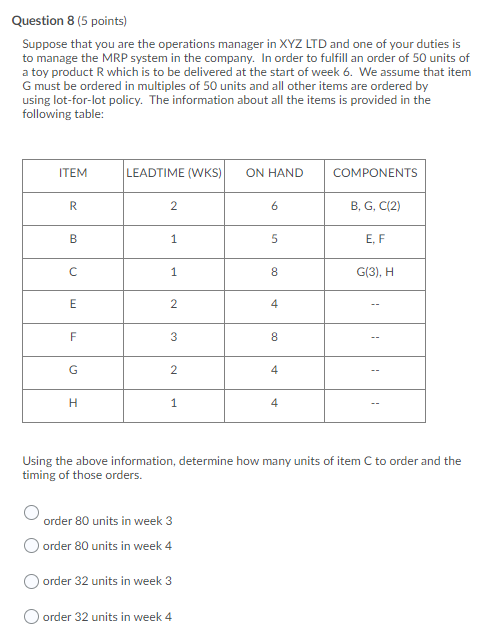Question 8 (5 points) Suppose that you are the