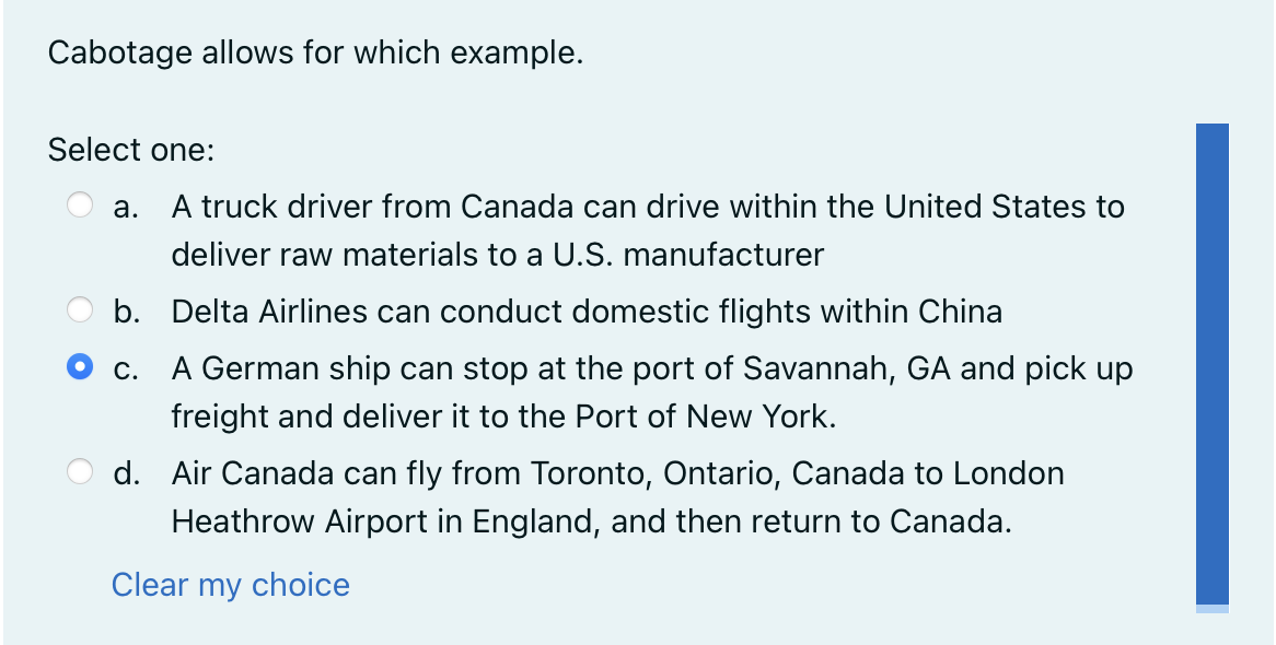 Cabotage allows for which example. Select one: a.